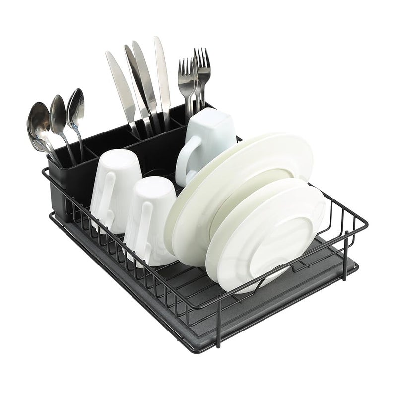 SunnyPoint 304 Stainless Steel Dish Drying Rack with Diatomaceous Earth Drainboard & Removable Utensil Caddy â€“ Rust Resistant Countertop Dish Rack for Kitchen (Black) - Image 1