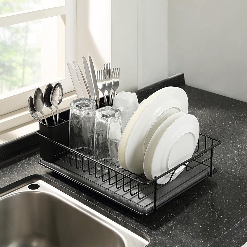 SunnyPoint 304 Stainless Steel Dish Drying Rack with Diatomaceous Earth Drainboard & Removable Utensil Caddy â€“ Rust Resistant Countertop Dish Rack for Kitchen (Black) - Image 2