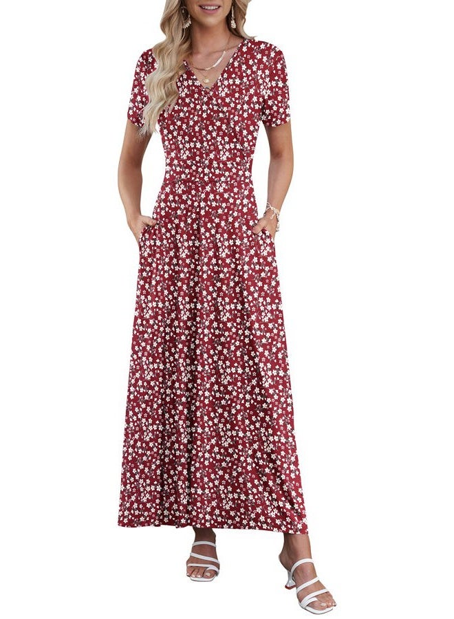 AUSELILY Maxi Dresses for Women Ankle Length Floral Print Beach Long Flowy Dress with Pockets, Red Flowers, L - Image 1