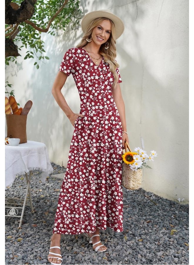 AUSELILY Maxi Dresses for Women Ankle Length Floral Print Beach Long Flowy Dress with Pockets, Red Flowers, L - Image 3