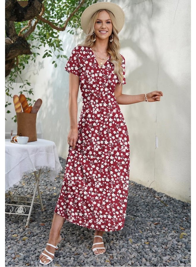 AUSELILY Maxi Dresses for Women Ankle Length Floral Print Beach Long Flowy Dress with Pockets, Red Flowers, L - Image 5