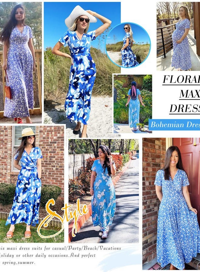 AUSELILY Maxi Dresses for Women Ankle Length Floral Print Beach Long Flowy Dress with Pockets, Red Flowers, L - Image 2