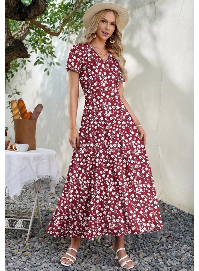 AUSELILY Maxi Dresses for Women Ankle Length Floral Print Beach Long Flowy Dress with Pockets, Red Flowers, L - Image 4