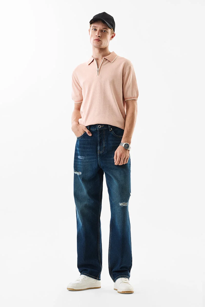 سنيتش Blue Solid Loose Fit Streetwear Jeans