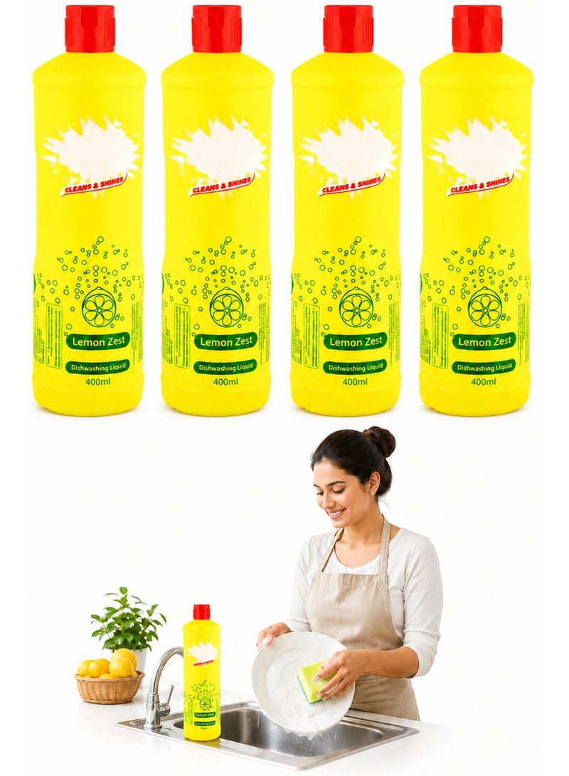 Dishwashing Liquid Lemon Formula, 4 x 400ml, Powerful Grease Remover, Tough on Grease & Gentle on Hands, Fresh Citrus Scent for Sparkling Clean Dishes - Image 1