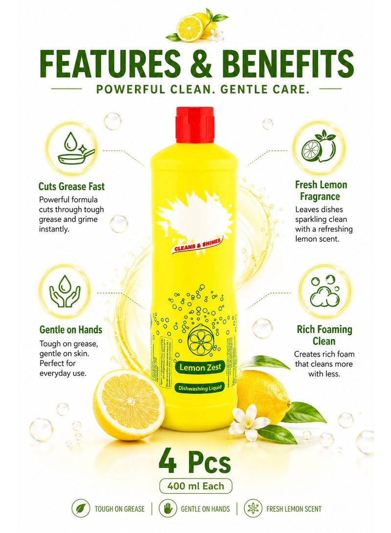 Dishwashing Liquid Lemon Formula, 4 x 400ml, Powerful Grease Remover, Tough on Grease & Gentle on Hands, Fresh Citrus Scent for Sparkling Clean Dishes - Image 2