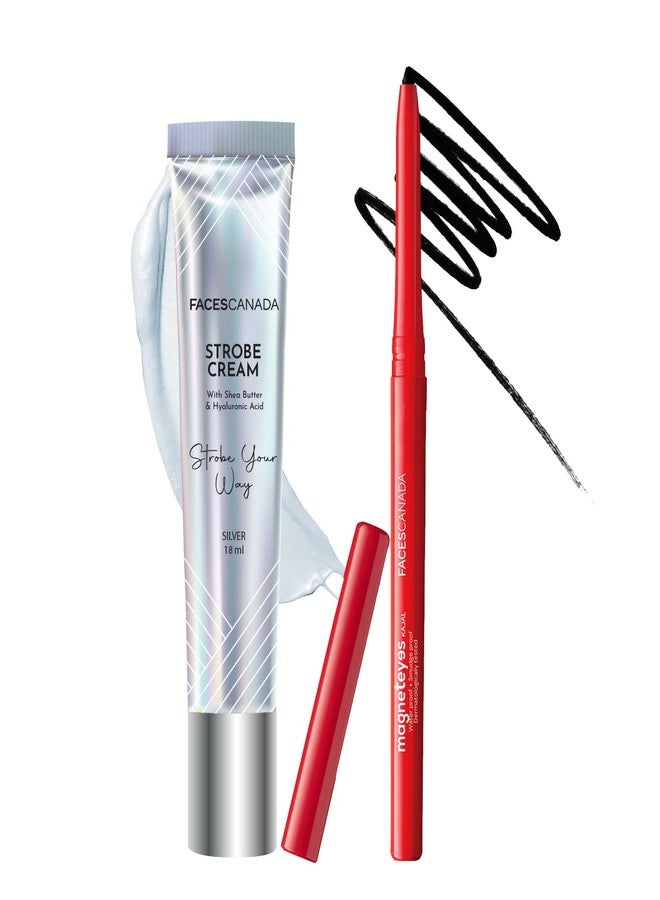 Facescanada FACES CANADA Bright Eyed Combo - Strobe Cream - Silver (18 ml) + Magneteyes Kajal - Black (0.35 gm) | Illuminating & Glowing Makeup Base | Waterproof & Smudgeproof - Image 1