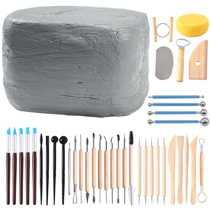 ReArt Natural Air-Dry Modeling Clay - 10LBs with 40 Pcs Pottery Sculpting Tool Set, All-Purpose Clay (Gray) - Image 1