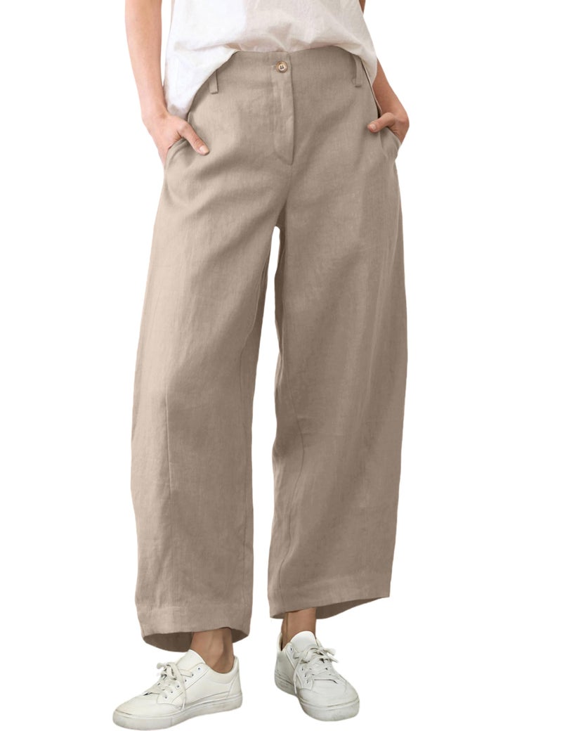 Tanming Womens Linen Pants Casual Capri Baggy Wide Leg Trousers Palazzo Pants Beach Vacation Outfits (Khaki-XL) - Image 1