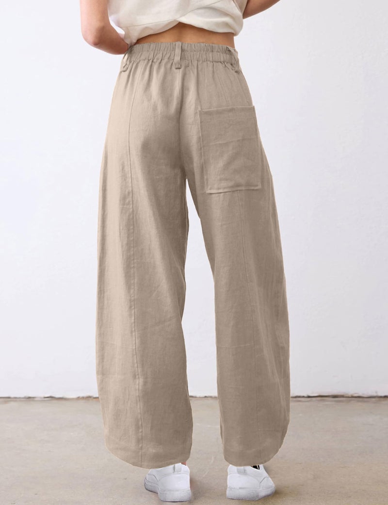 Tanming Womens Linen Pants Casual Capri Baggy Wide Leg Trousers Palazzo Pants Beach Vacation Outfits (Khaki-XL) - Image 3