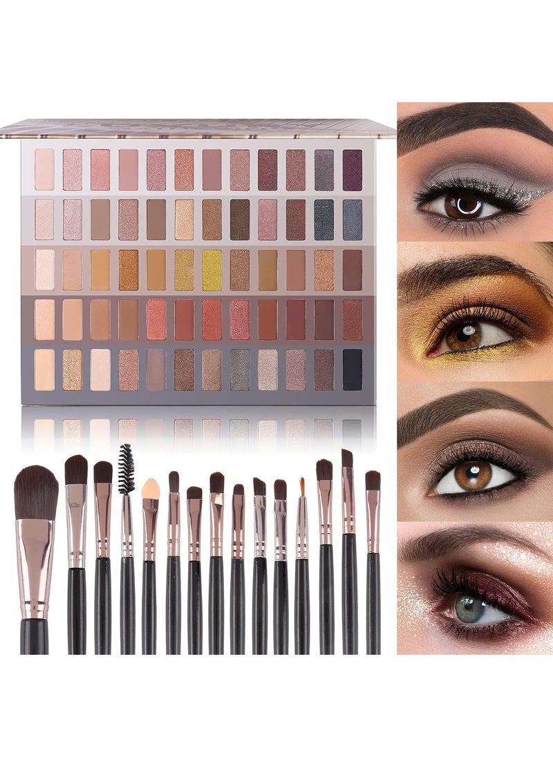 Ucanbe UCANBE 60 Colors Naked Eyeshadow Palette + Makeup Brush Set, All in One Nude Neutral Smokey Makeup Pallet with Brushes, Pigmented Warm Matte Shimmer Powder Eye Shadows Cosmetic Halloween Beauty Kit 
