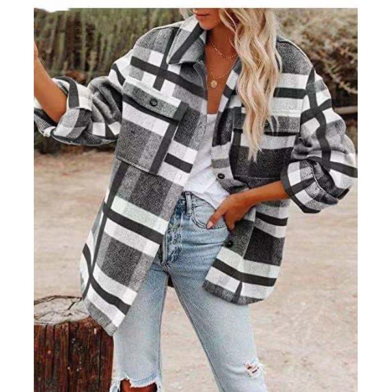 2022 Autumn Winter Plaid Wool Coat Womens Casual Loose Long Sleeve Shirt Grey 