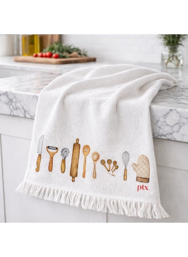 Printex Eg Printex.EG 100% Cotton Kitchen Towels, Set of 2, 400 GSM Ultra-Absorbent Dish Towels, Quick-Dry, Decorative Fringe, 50×30 cm,off White (macron&tools kitchen) - Image 2