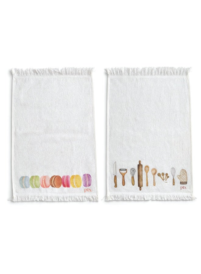 Printex Eg Printex.EG 100% Cotton Kitchen Towels, Set of 2, 400 GSM Ultra-Absorbent Dish Towels, Quick-Dry, Decorative Fringe, 50×30 cm,off White (macron&tools kitchen) - Image 1