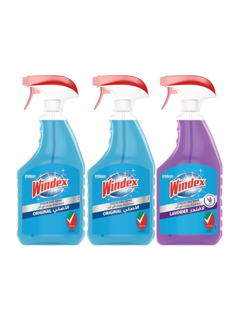 Windex Streak-Free Shine Glass Cleaner Spray, Pack of 3 (2x Original Blue + 1x Lavender), 750ml Each - Image 1