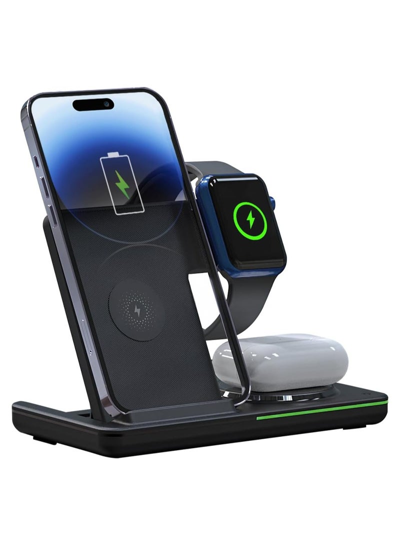 محطة شحن لاسلكية 3 في 1، حامل شاحن لاسلكي سريع للشحن السريع، شاحن لاسلكي لهاتف Apple iPhone 16 15 14 13 12 11 X Pro Max AirPods iWatch 8 7 6 5 4 Samsung Galaxy S (أسود) - Image 1