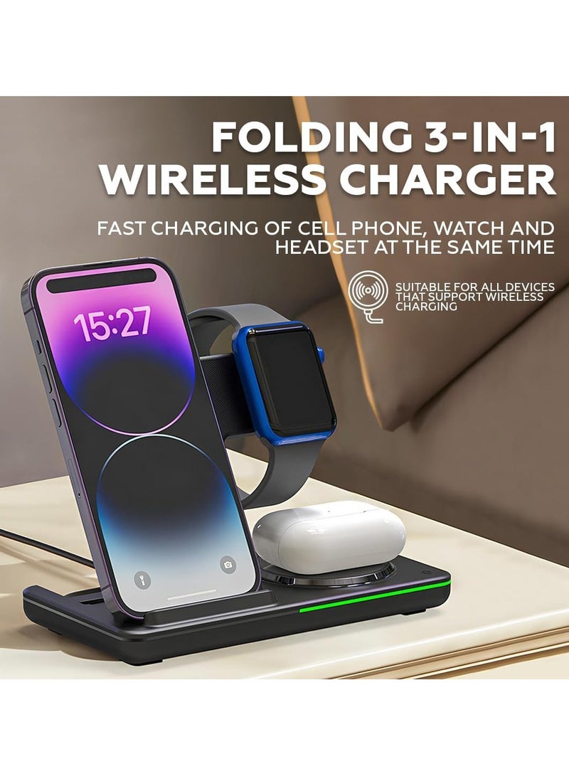 محطة شحن لاسلكية 3 في 1، حامل شاحن لاسلكي سريع للشحن السريع، شاحن لاسلكي لهاتف Apple iPhone 16 15 14 13 12 11 X Pro Max AirPods iWatch 8 7 6 5 4 Samsung Galaxy S (أسود) - Image 2