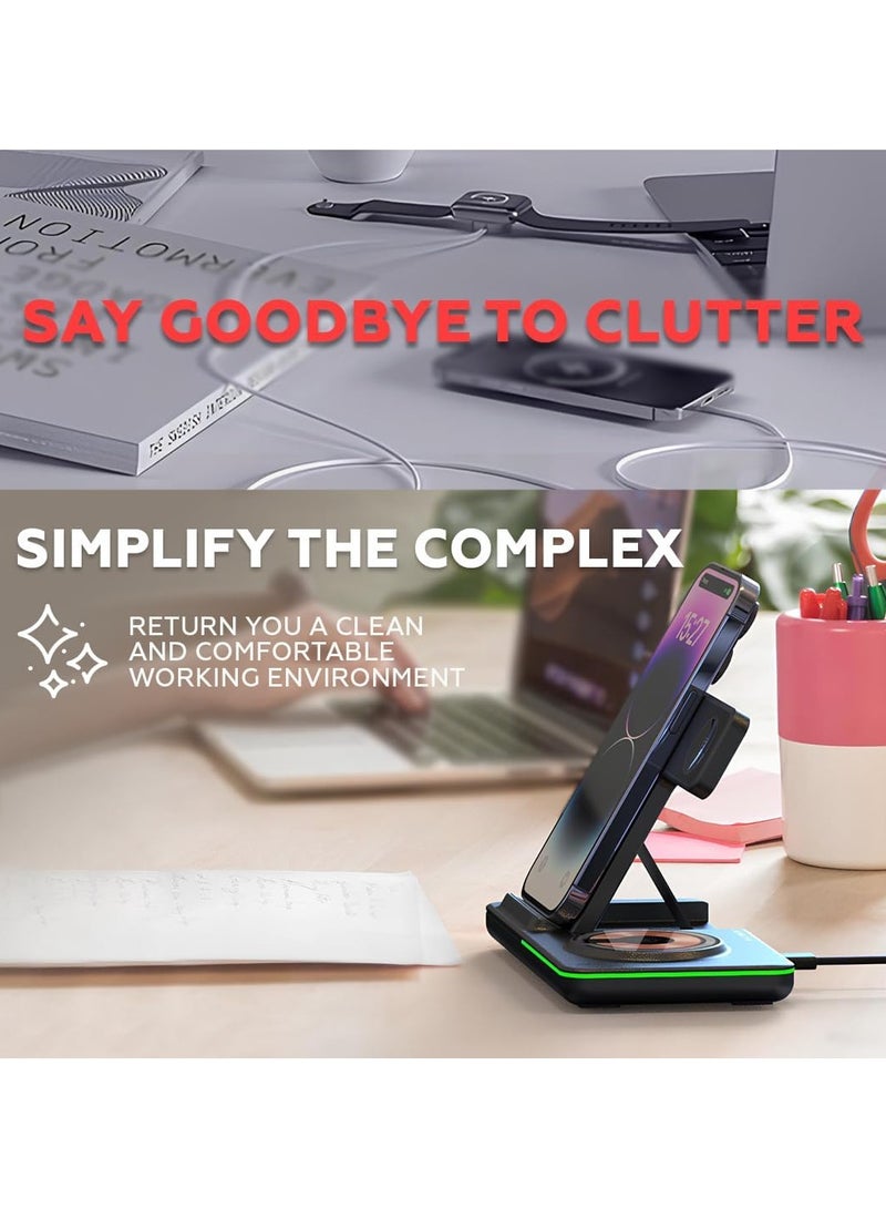 محطة شحن لاسلكية 3 في 1، حامل شاحن لاسلكي سريع للشحن السريع، شاحن لاسلكي لهاتف Apple iPhone 16 15 14 13 12 11 X Pro Max AirPods iWatch 8 7 6 5 4 Samsung Galaxy S (أسود) - Image 3