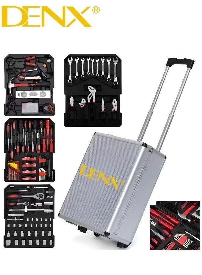دينكس مجموعة أدوات احترافية مكونة من 187 قطعة، مجموعة أدوات يدوية منزلية، مجموعة أدوات إصلاح السيارات مع حقيبة عربة من الألومنيوم، لون فضي - Image 2