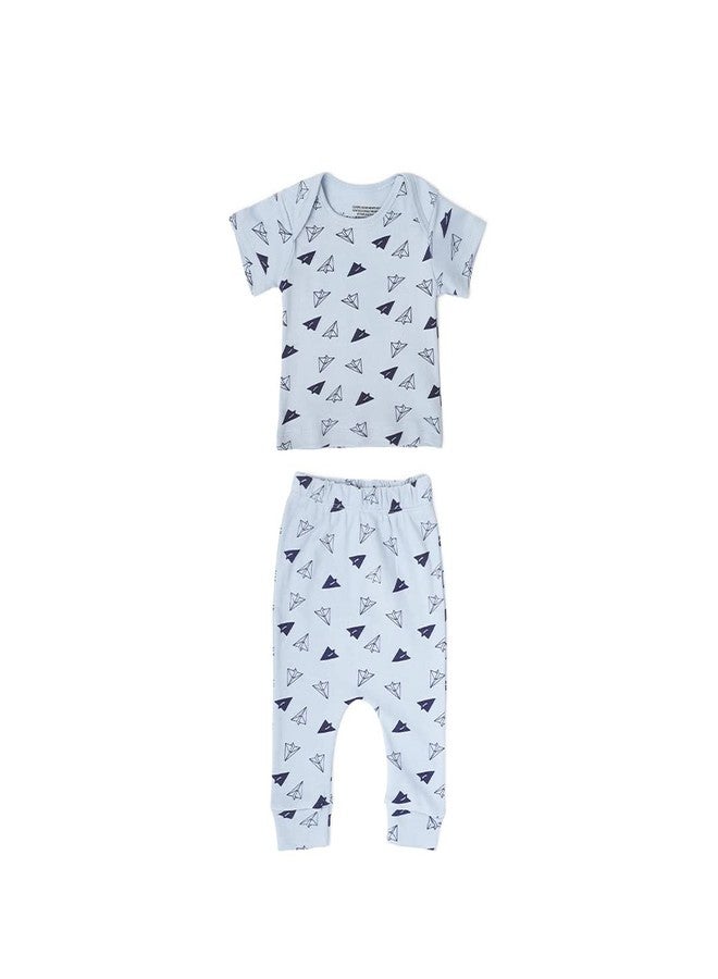 موش طقم تيشيرتات وبنطلونات من الخيزران فائق النعومة من موش، مناسب للجنسين، للأطفال حديثي الولادة/الأطفال، عبوة من قطعتين (6-12 شهرًا، تصميم طائرة) - Image 1