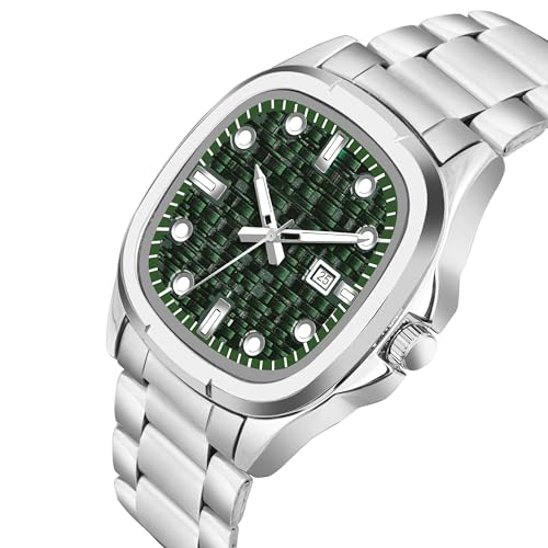 Acnos Day & Date Analog Watch for Men & Boys Soft Stainless Steel Strap Square Green Dial - Image 2