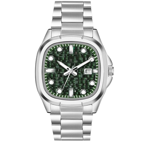 Acnos Day & Date Analog Watch for Men & Boys Soft Stainless Steel Strap Square Green Dial - Image 1