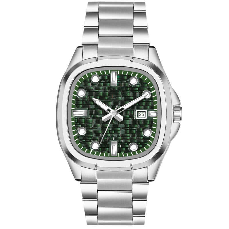 Acnos Day & Date Analog Watch for Men & Boys Soft Stainless Steel Strap Square Green Dial - Image 5