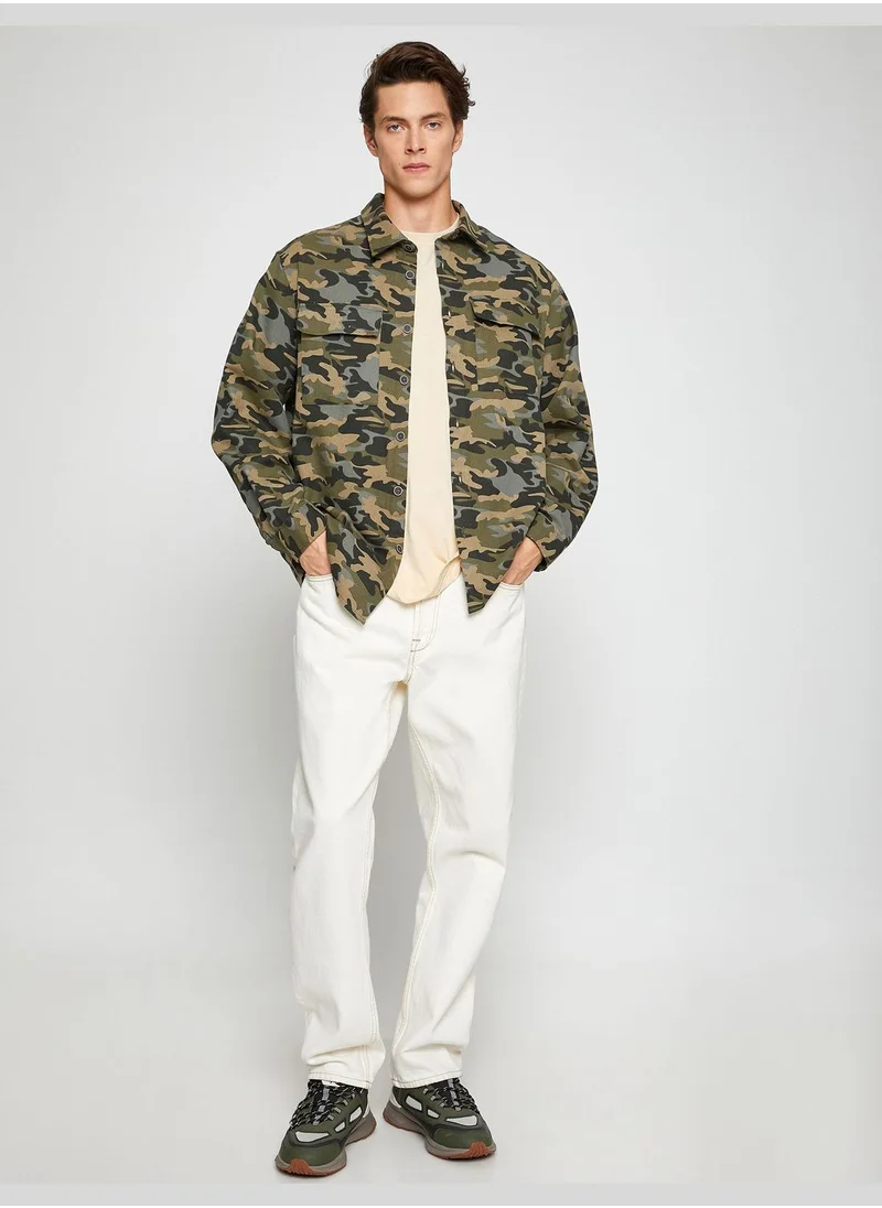 KOTON Camouflage Shirt Jacket Pocket Detailed Classic Neck