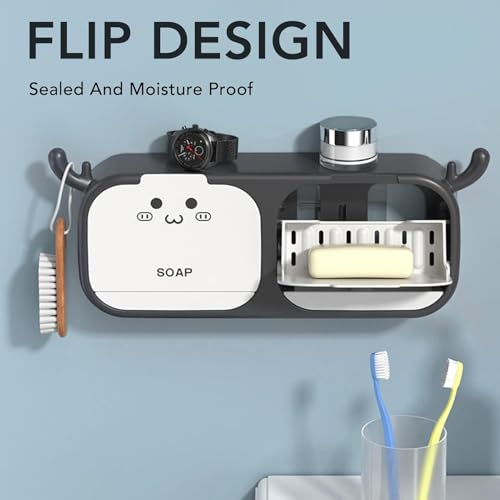 iDream Flip-Top Cartoon Antler Soap Holder, Soap Dish for Shower, Sturdy and Easy Assembly Without Drilling, Bar Soap Holder for Kitchens and Bathroom Wall (Black) - Image 5