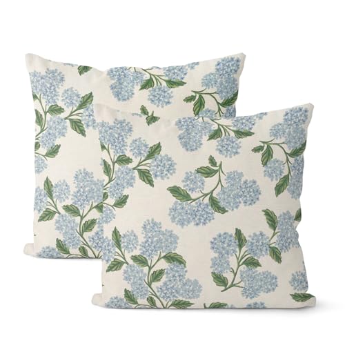 DAFENA Spring Pillow Covers 22x22 Inch 2 Pcs Navy Blue Sage Green Hydrangea Flower Decor Throw Pillows Vintage Floral Seasonal Summer Outdoor Decoration Pillowcase Linen Cushion Cover for Couch Sofa - Image 1