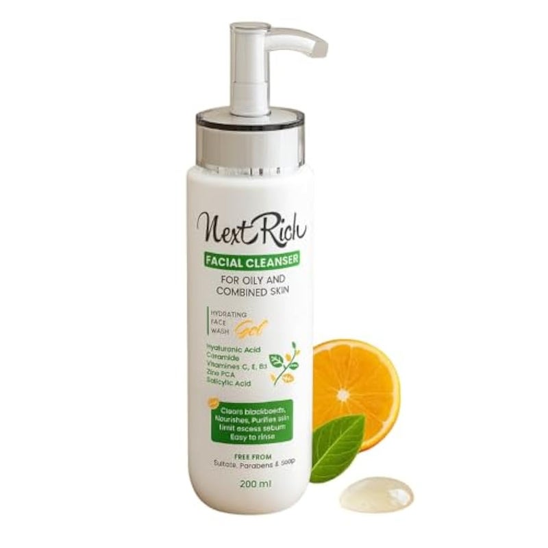 Next Rich Facial Cleanser Gel 200ml – For Oily & Combination Skin – Oil Control & Acne Care |Free parabens & sulfates and soap - Image 1