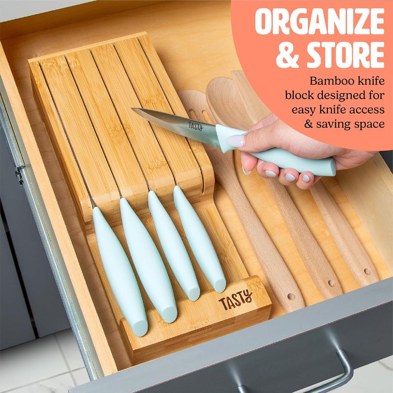 Tasty In-Drawer Kitchen Knife Set, Space-Saving Cutlery and Kitchen Organizer, Includes Chef, Bread, Santoku, Utility and Paring Knives, 6-Piece, Aqua - Image 2
