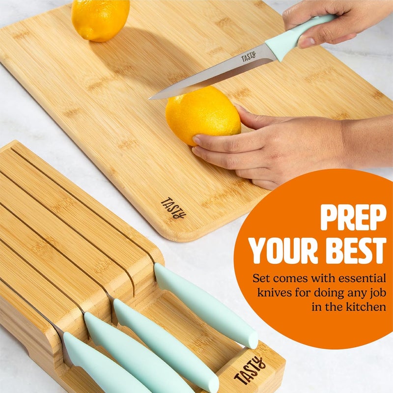 Tasty In-Drawer Kitchen Knife Set, Space-Saving Cutlery and Kitchen Organizer, Includes Chef, Bread, Santoku, Utility and Paring Knives, 6-Piece, Aqua - Image 3