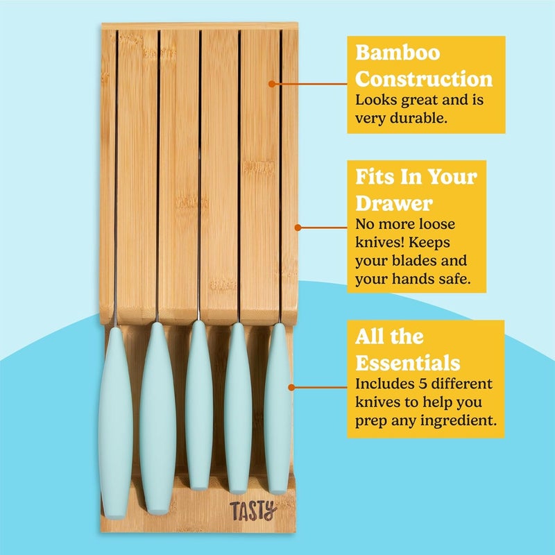 Tasty In-Drawer Kitchen Knife Set, Space-Saving Cutlery and Kitchen Organizer, Includes Chef, Bread, Santoku, Utility and Paring Knives, 6-Piece, Aqua - Image 5