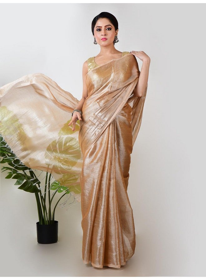 AAKAR™ Rosy Dazzle | Rose Gold Handloom Tissue Saree | Elegant & Lightweight | Soft Drape with Subtle Shine - Image 3