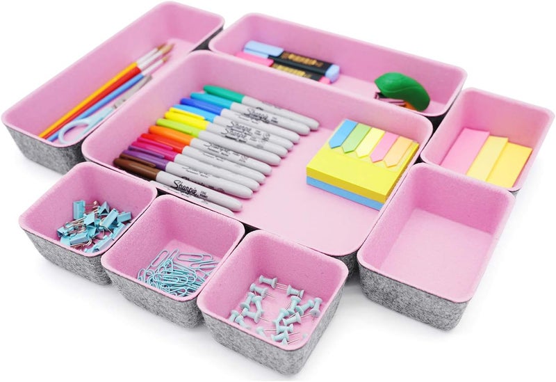 Welaxy desk drawer organizers tray felt storage bin caddy for home office suppliers makeup crafts pens decluttering 8-piece holiday gift solution (Light pink) - Image 3