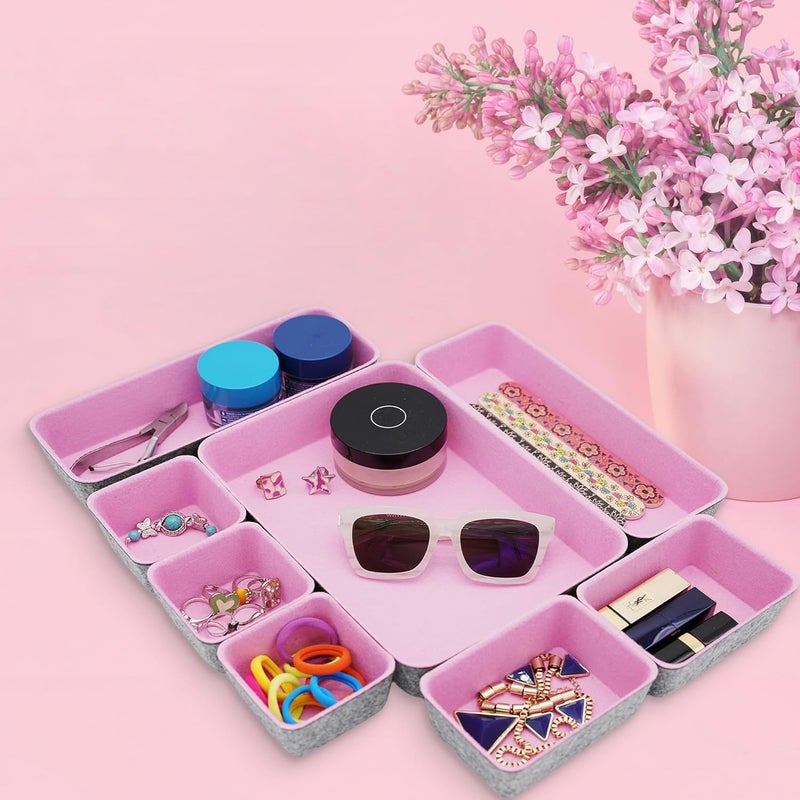 Welaxy desk drawer organizers tray felt storage bin caddy for home office suppliers makeup crafts pens decluttering 8-piece holiday gift solution (Light pink) - Image 2