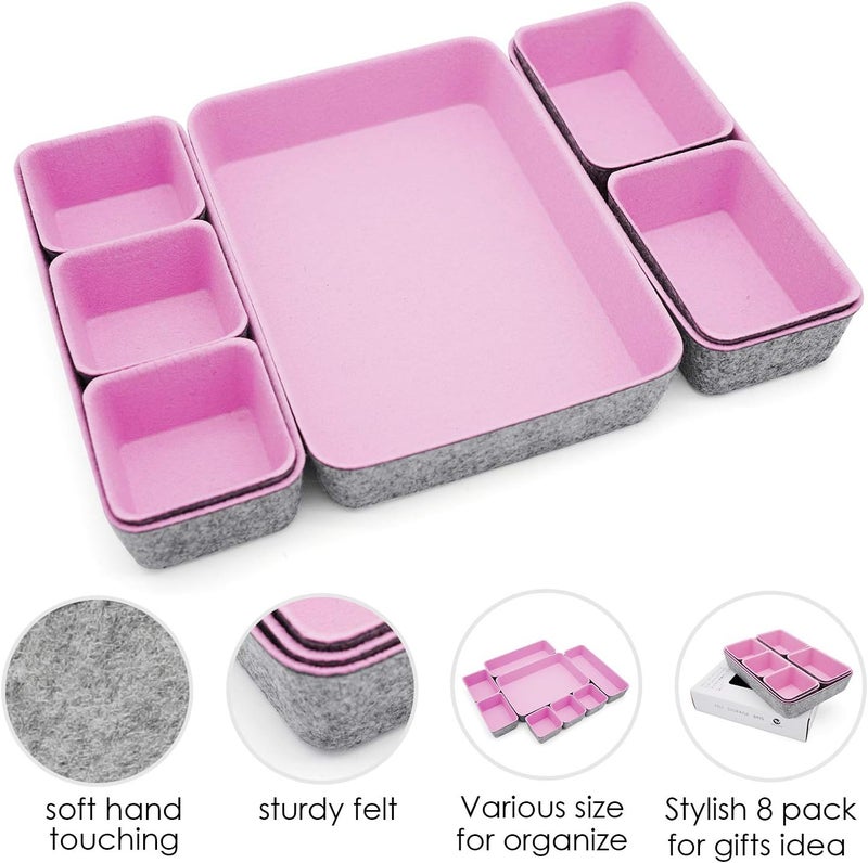 Welaxy desk drawer organizers tray felt storage bin caddy for home office suppliers makeup crafts pens decluttering 8-piece holiday gift solution (Light pink) - Image 4