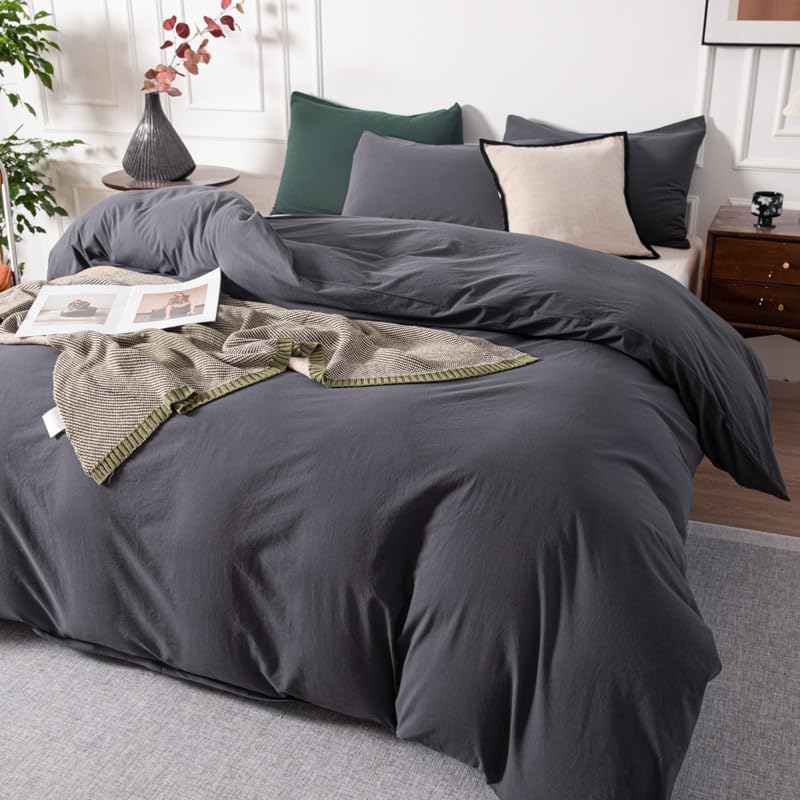 Janlive Washed Cotton Duvet Cover Set Linen Feel Textured Ultra Soft 100% Cotton Solid Color Charcoal Gray Duvet Cover Set with Zipper Closure -3 Pieces Dark Grey King - Image 2