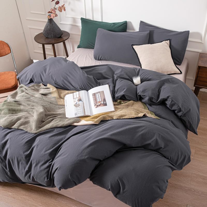 Janlive Washed Cotton Duvet Cover Set Linen Feel Textured Ultra Soft 100% Cotton Solid Color Charcoal Gray Duvet Cover Set with Zipper Closure -3 Pieces Dark Grey King - Image 4