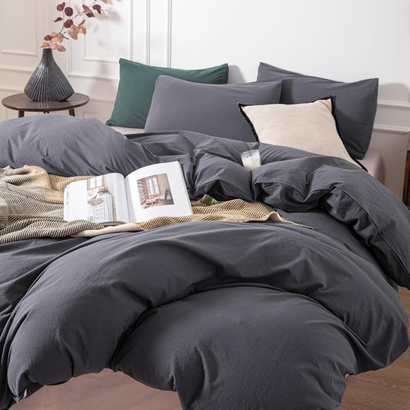 Janlive Washed Cotton Duvet Cover Set Linen Feel Textured Ultra Soft 100% Cotton Solid Color Charcoal Gray Duvet Cover Set with Zipper Closure -3 Pieces Dark Grey King - Image 3