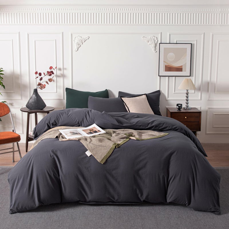 Janlive Washed Cotton Duvet Cover Set Linen Feel Textured Ultra Soft 100% Cotton Solid Color Charcoal Gray Duvet Cover Set with Zipper Closure -3 Pieces Dark Grey King - Image 1