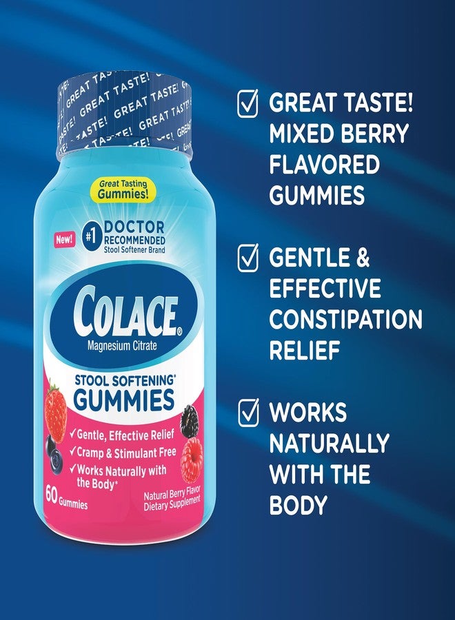 Colace Stool Softener Gummies, Gentle Dependable Constipation Relief Magnesium Citrate Gummies, No.1 Doctor Recommended Stool Softener Brand, Berry Flavored 60ct - Image 2