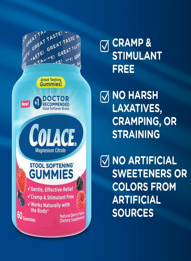 Colace Stool Softener Gummies, Gentle Dependable Constipation Relief Magnesium Citrate Gummies, No.1 Doctor Recommended Stool Softener Brand, Berry Flavored 60ct - Image 4