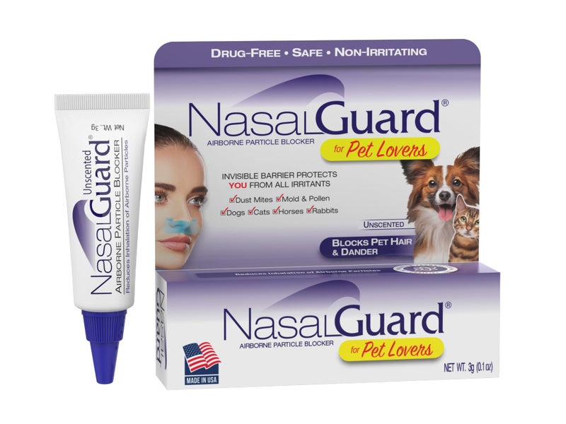 NasalGuard Airborne Particle Blocker Gel for Pet Lovers Helps Reduce Inhalation of Pet Hair Dander Allergens DrugFree Daily Use Made in USA Unscented 3g Tube