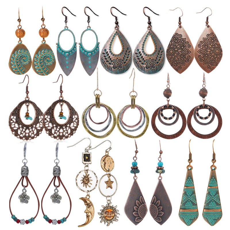 GOGZBD 11 Pairs Vintage Drop Dangle Earrings for Women Boho Earring Jewelry Set Retro Flower Dangly Earring Teardrop Sun and Moon Earrings for Mother's Day Christmas - Image 1