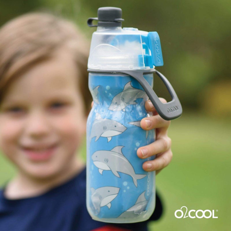 O2COOL Mist 'N Sip Kids Misting Water Bottle 2-in-1 Mist And Sip Function With No Leak Pull Top Spout Kids Water Bottle Sports Water Bottle - 12 oz (Sharks) - Image 5