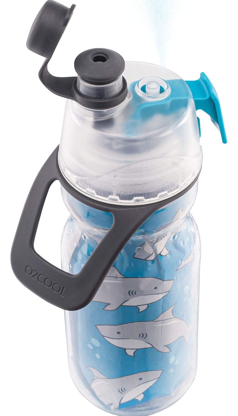 O2COOL Mist 'N Sip Kids Misting Water Bottle 2-in-1 Mist And Sip Function With No Leak Pull Top Spout Kids Water Bottle Sports Water Bottle - 12 oz (Sharks) - Image 1