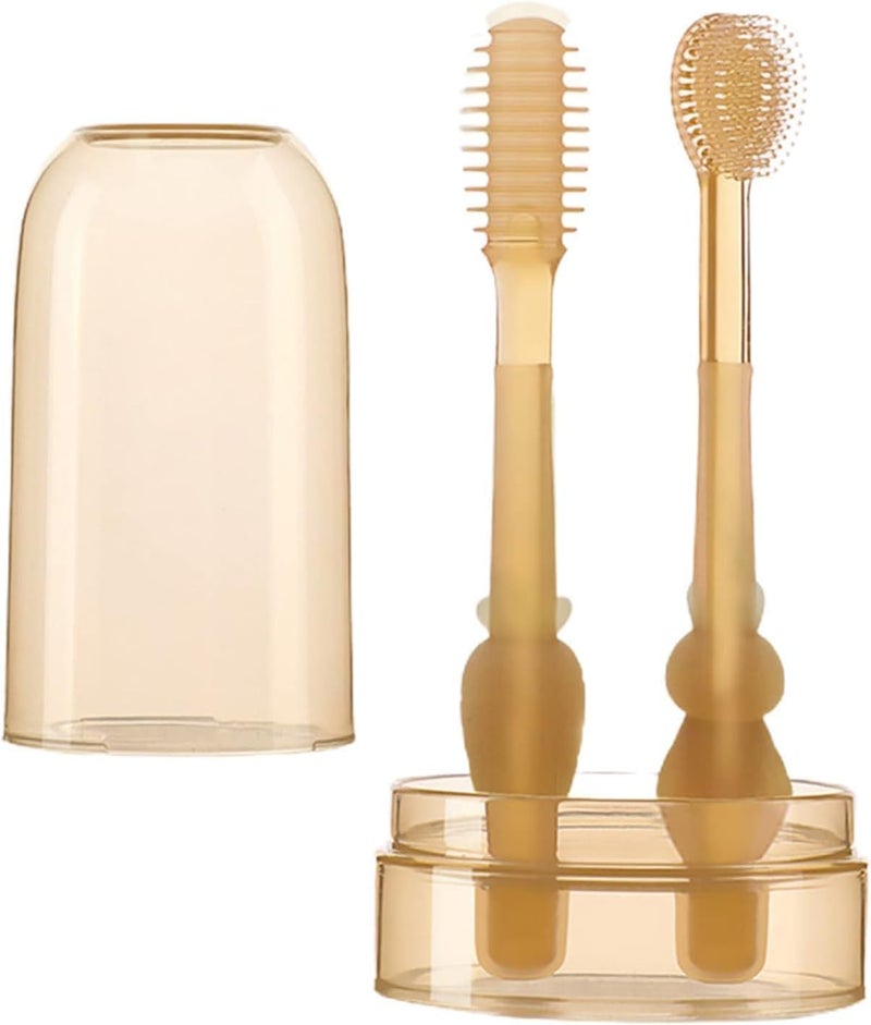 PUJI Baby Toothbrush, Silicone Tongue Cleaner & Toothbrush Kit, Gold, 0-18M, 2 Pack, Manual, BPA-Free, Sustainable - Image 1