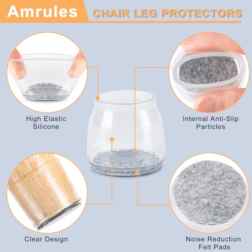 Amrules 36Pcs Chair Leg Floor Protectors for Hardwood Floors, Silicone Chair Feet Caps to Protect Tile Floors, Felt Pads Furniture Leg Covers from Scratches and Noise (Clear, Large Fit: 1.3''–2'') - Image 3
